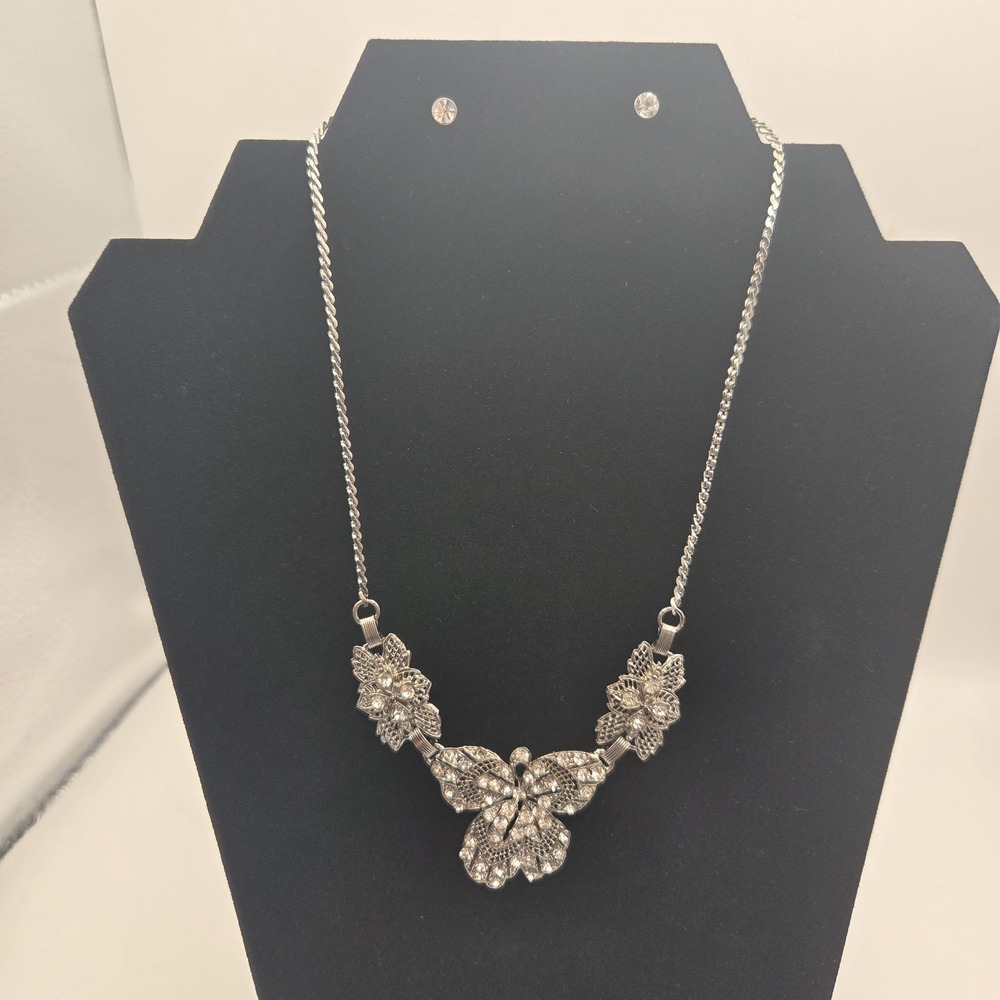 VTG Silver Tone Rhinestone Butterfly Flower Necklace Earring Set